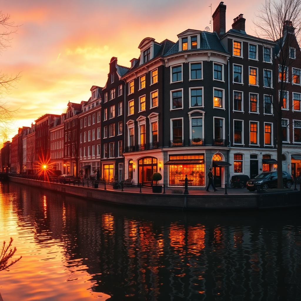 Amsterdam canal houses and bicycles on a bridge in warm evening light