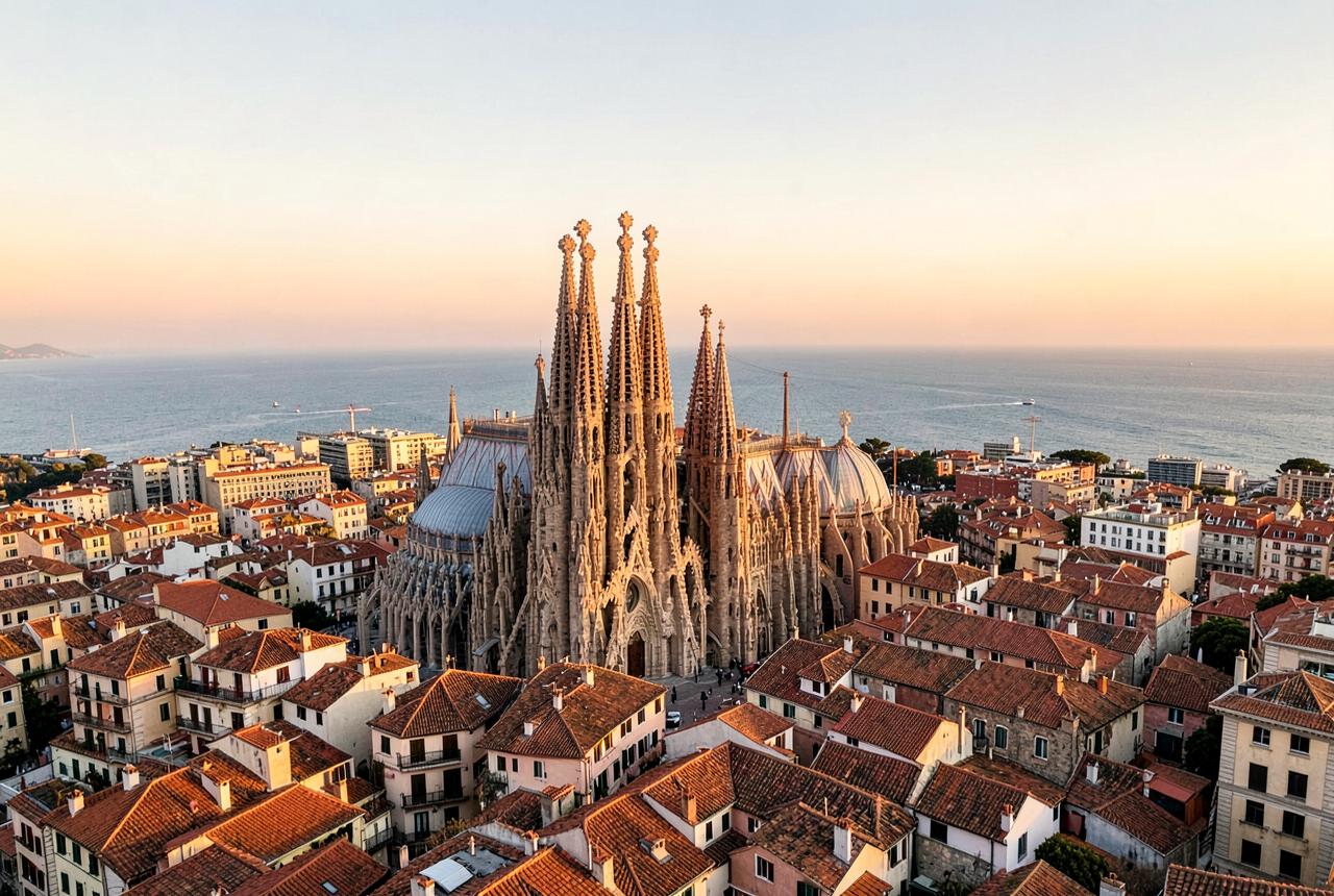 The Sagrada Família rising over Barcelona rooftops toward the sea at golden hour