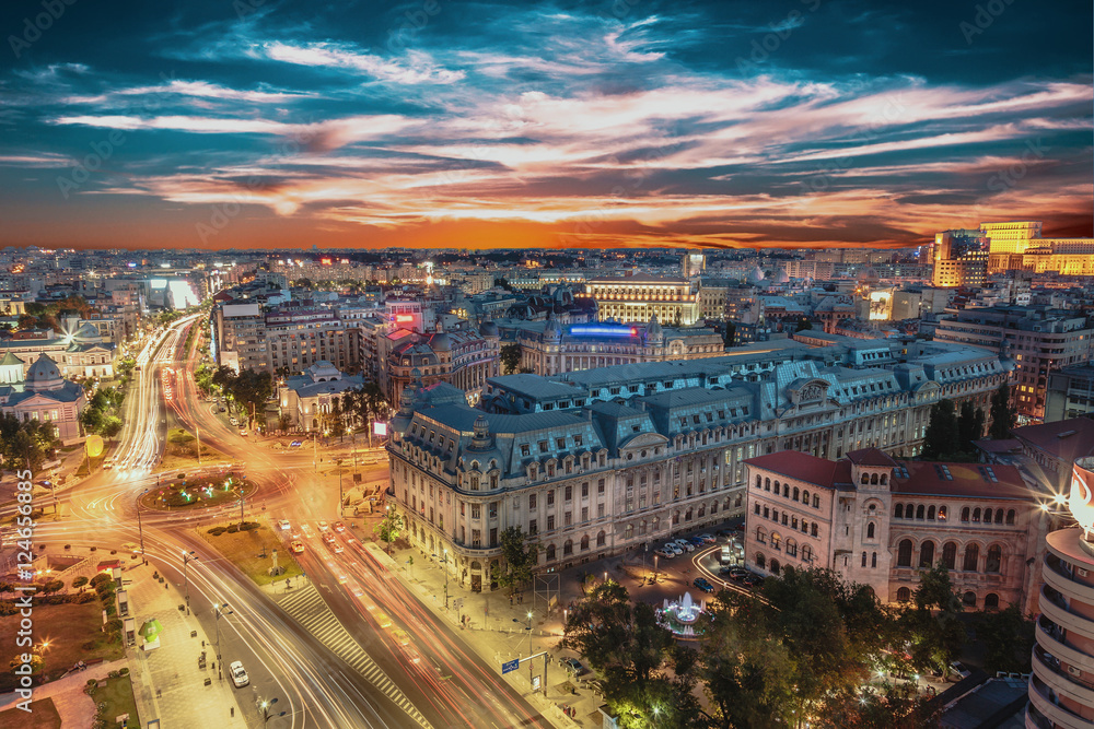 Bucharest at sunset with University Square and light trails