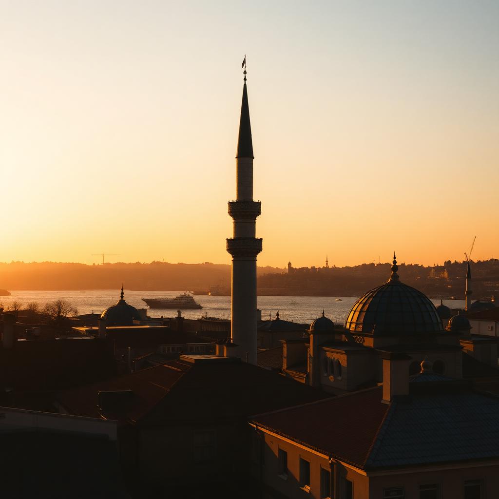 Istanbul at sunset over the Bosphorus, minaret and domes in silhouette
