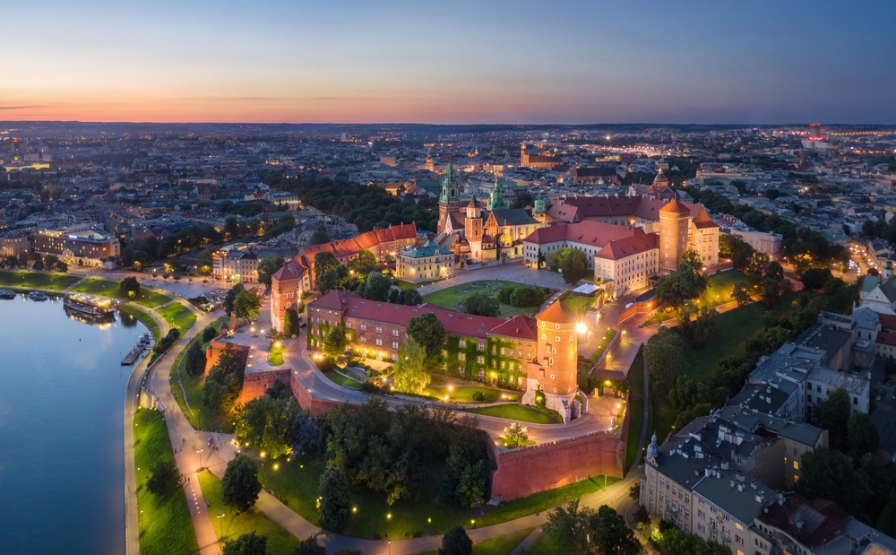 Aerial view of Kraków at dusk