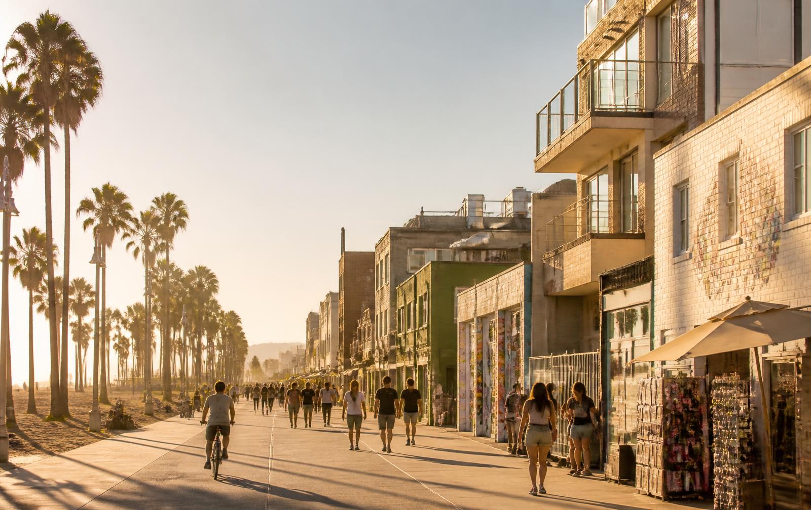 Venice Beach boardwalk in Los Angeles in warm afternoon light