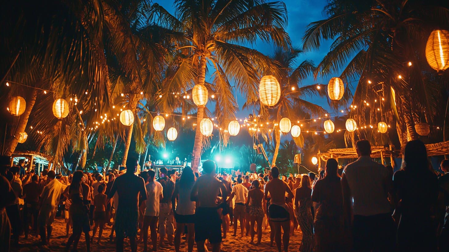 Beach party under lanterns and palm trees in Tulum at night